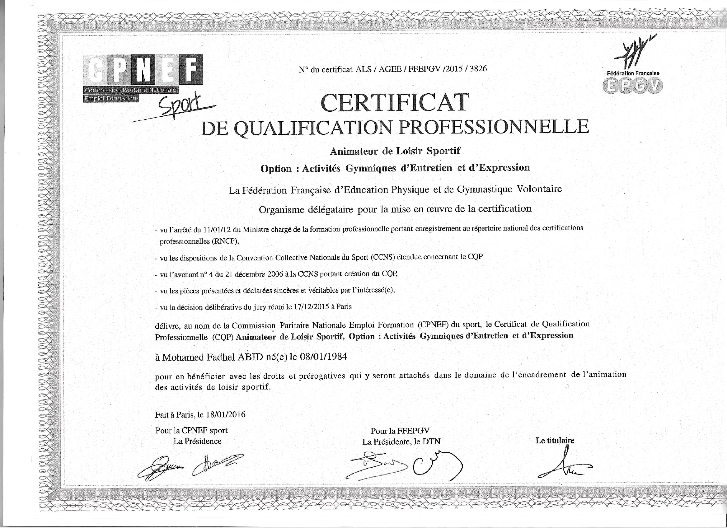 Certificat animateur gym